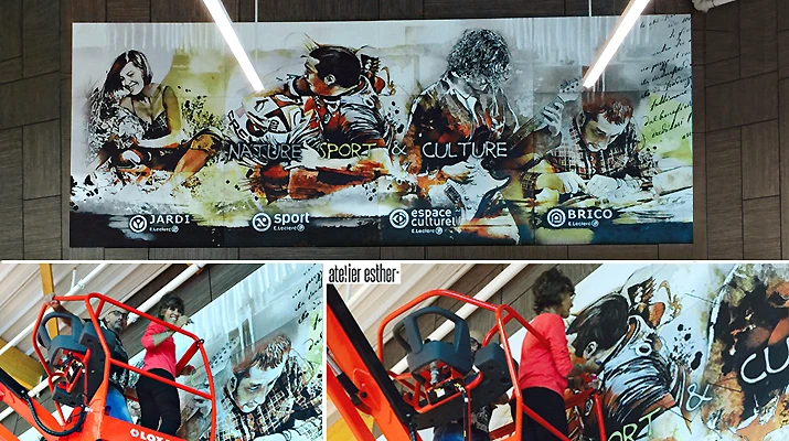 Tableau artistique mural sur mesure de 24 m² réalisé pour Leclerc (69)