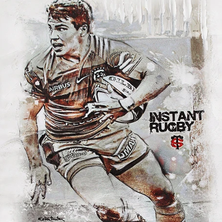 Portrait du joueur de rugby Antoine Dupont réalisé en technique mixte format 80 × 60 cm par l’Atelier Esther