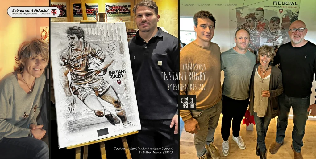 Visuel présentant Esther Tristan avec Antoine Dupont devant son portrait et installation de tableaux Instant Rugby dans la loge Fiducial du Stade Toulousain avec plusieurs joueurs