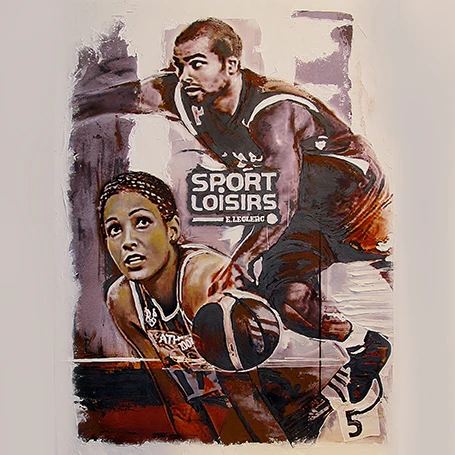 Tableau mural sportif représentant deux disciplines installé dans l’espace Leclerc Sport réalisé par l’Atelier Esther