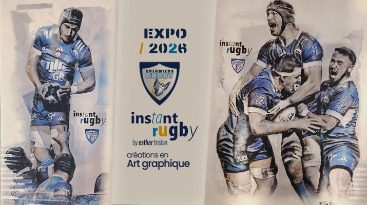 Exposition de tableaux artistiques Instant Rugby présentée lors d’un événement partenaires du Colomiers Rugby Pro D2 par l’Atelier Esther