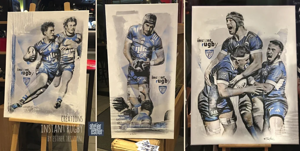Présentation de trois tableaux Instant Rugby sur châssis réalisés pour l’événement partenaires Colomiers Rugby Pro D2 2026