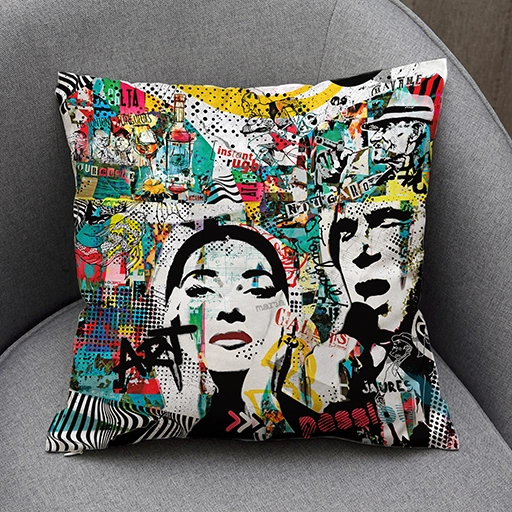 Coussin carré textile artistique design pop imprimé réalisé par l’Atelier Esther