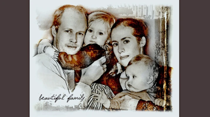 Portrait de famille avec enfants réalisé en technique mixte 80 × 60 cm par l’Atelier Esther