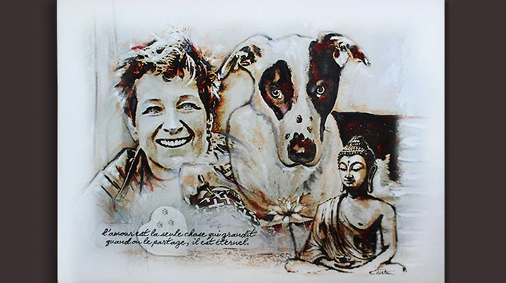 Portrait hommage représentant un propriétaire et son chien souvenir d’animal de compagnie réalisé en technique mixte 65 × 50 cm par l’Atelier Esther